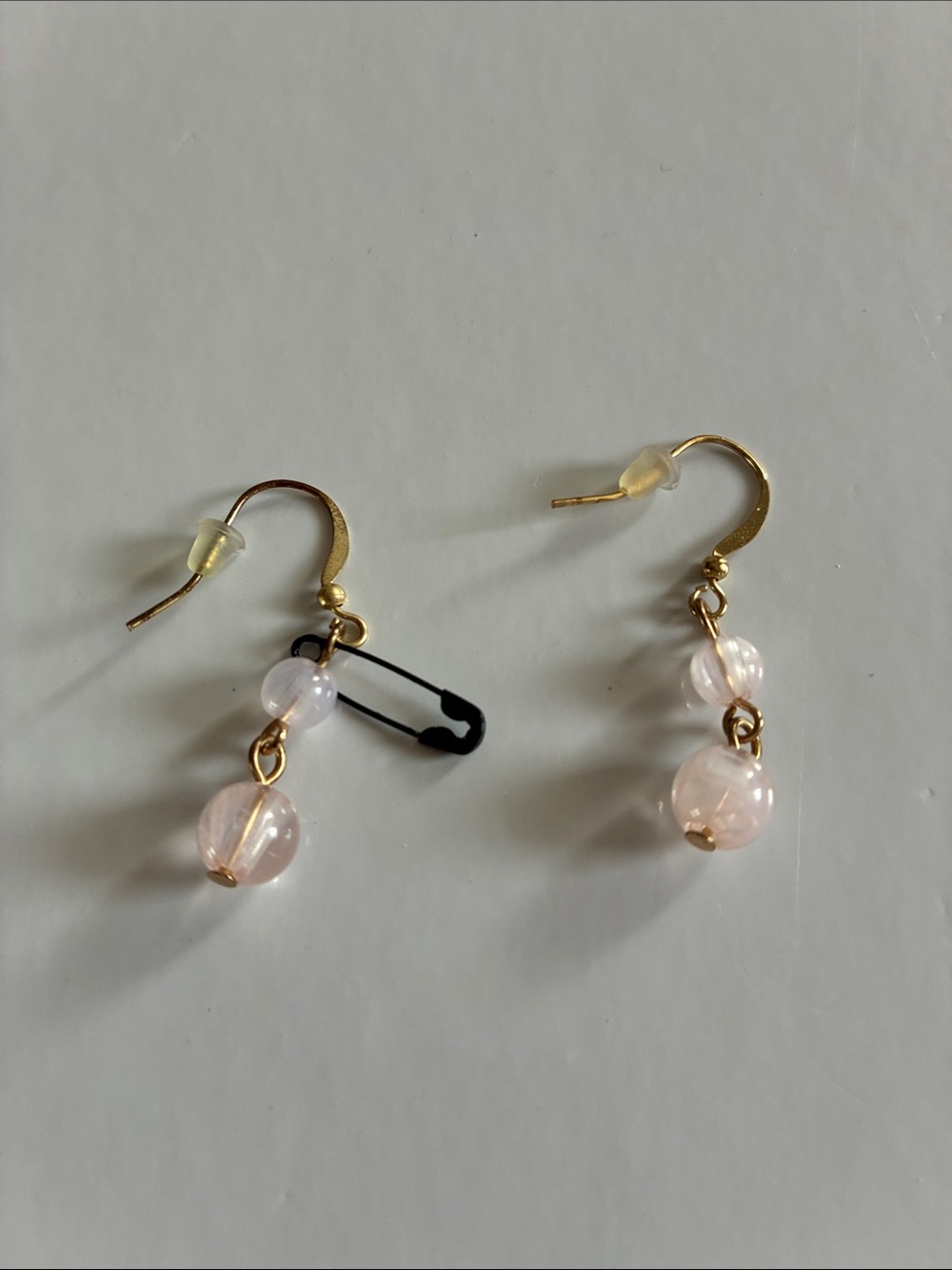 Delicate Rose Quartz Bead Drop Earrings - Gold Tone
